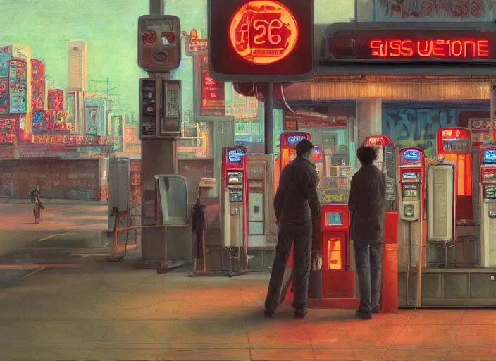 Prompt: people exterior gas station, cyberpunk neon ads, in the style of jeremy enecio, intricate, miles johnston, monet, cynical realism, john william godward, painterly, yoshitaka amano, miles johnston, louise zhang, pekka halonen, finnish naturalism, realism