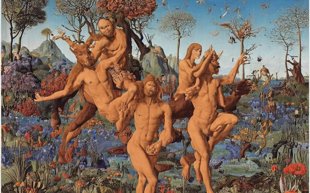 Image similar to a portrait photograph of a meditating satyr and a centaur monk riding a rocket machine and hunting at a river delta. surrounded by bulbous flowers and trees. mountain range under a blue sky of fiery stars. by jan van eyck, max ernst, ernst haeckel, ernst fuchs and artgerm, cgsociety, fashion editorial, 8 k