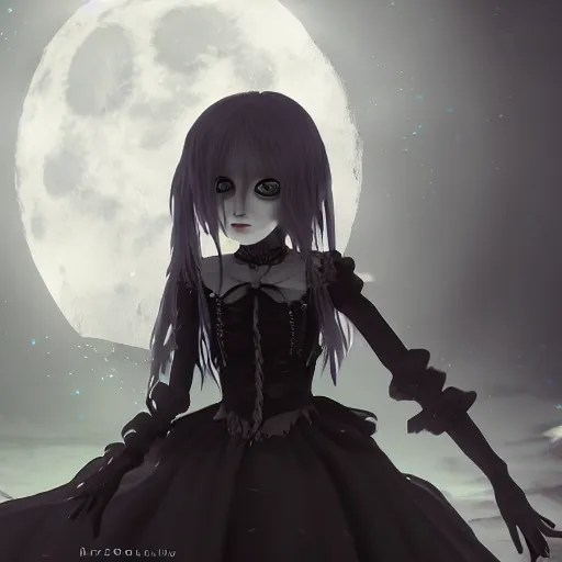 Image similar to full shot portrait of angry darkness cute anime girl at moonlight, gothic wearing, inspired by Tim Burton, Norihiro Yagi, WLOP, Marc Simonetti, Amano, Andrei Riabovitchev, detailed, unreal engine 4k volumetric light, fog,