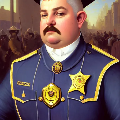 Prompt: a shifty fat high elf mall cop with a sheriff's badge, Oil Painting, hyperrealistic, Detailed Digital Art, RPG portrait, 3/4 bust, William-Adolphe Bouguereau, Michael Cheval, dynamic lighting, Highly Detailed, Cinematic Lighting, 8k, HD