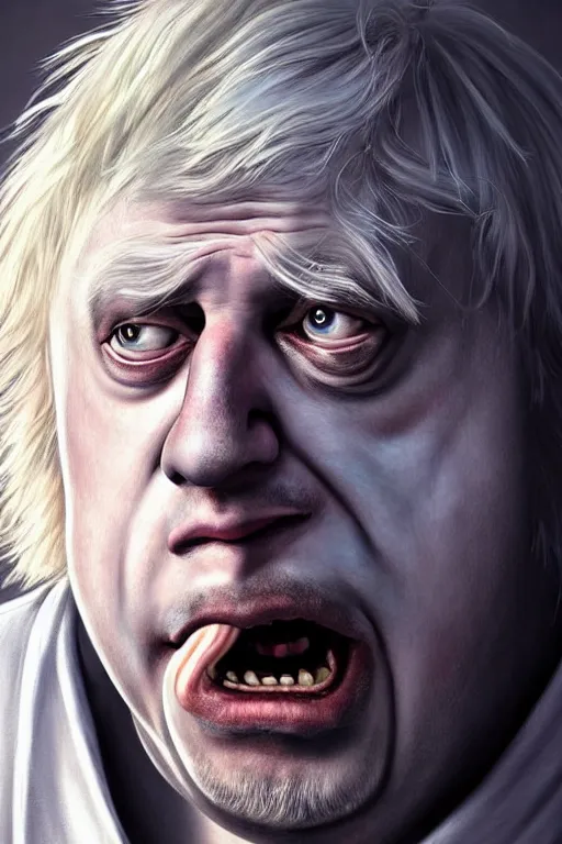 Image similar to Boris Johnson as crazy genius Rick Sanchez from Rick and Morty, unibrow, white robe, big eyes, realistic portrait, symmetrical, highly detailed, digital painting, artstation, concept art, smooth, sharp focus, illustration, cinematic lighting, art by artgerm and greg rutkowski and alphonse mucha