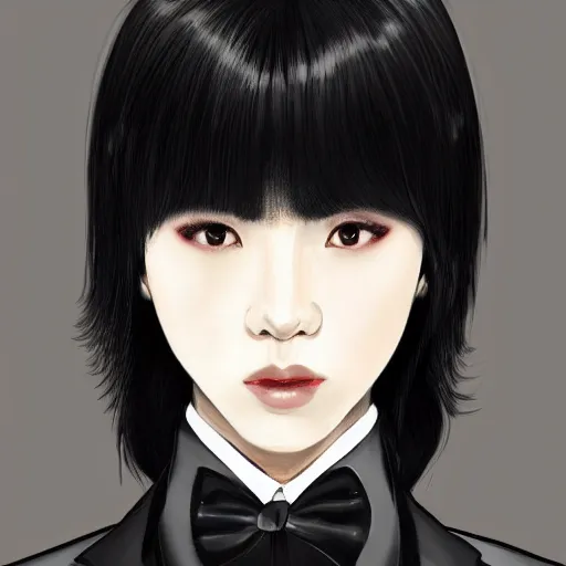 Image similar to portrait of a beautiful korean girl wearing a men's tuxedo, with long hair and bangs, angular features, angry expression, digital art, elegant pose, detailed illustration