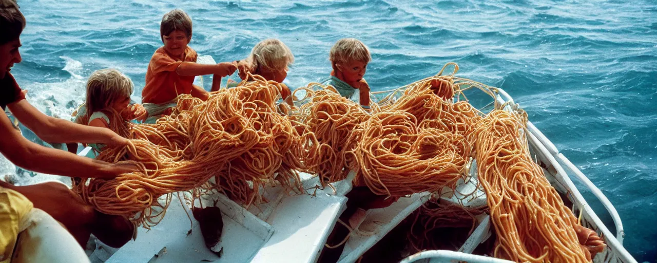 Prompt: dolphins receiving spaghetti from humans from a boat, ocean,, small details, intricate, sharply focused, canon 5 0 mm, wes anderson film, kodachrome