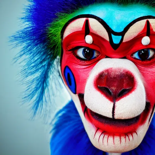 Image similar to a photo of a monkey with ( ( clown paint ) ), sidelit, a stock photo by paul harvey, shutterstock contest winner, neo - primitivism, creative commons attribution, behance hd, freakshow