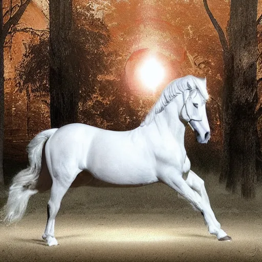 Image similar to an all white horse, with no facial features, like a white mask pulled over their face, full body laying in a blood red pool of water between a golden mirror frame, inside the frame of the mirror is the bohemian grove sacrifice ritual and outside the mirror frame is a deep space., physically accurate, dynamic lighting, intricate, elegant, highly detailed, very very Roberto Ferri, sharp focus, very very unsettling, very terrifying, illustration, art