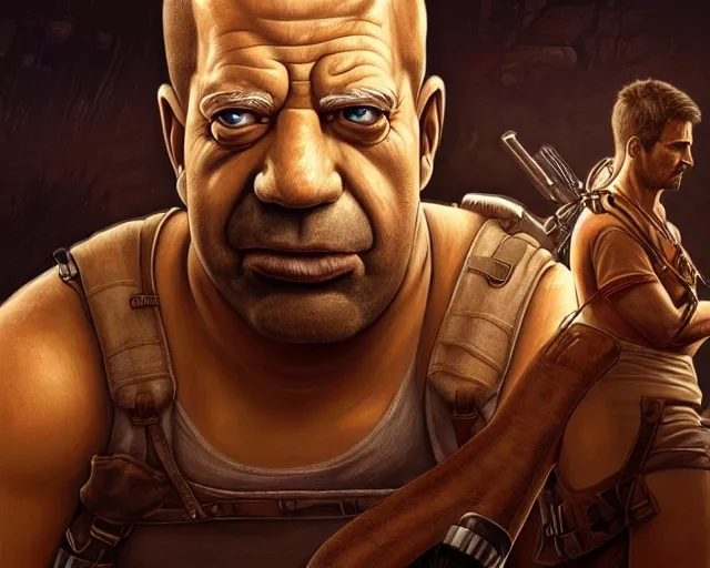 Prompt: a epic cinematic gaming screenshot portrait of homer simpson as nathan drake from uncharted, deep focus, adventure, fantasy, intricate, elegant, highly detailed, digital painting, artstation, concept art, matte, sharp focus, illustration, dark fantasy style art, art by artgerm and greg rutkowski and alphonse mucha