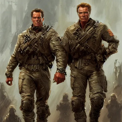 Image similar to Henry Cavill and Arnold Schwarzenegger as soldiers, character art by Donato Giancola, Craig Mullins, digital art, trending on artstation