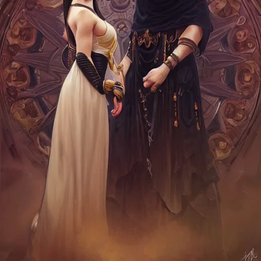 Image similar to a tall goth girl and a strong buff handsome man, family photo, cute, intricate, highly detailed, digital painting, artstation, concept art, smooth, sharp focus, illustration, unreal engine 5, 8 k, art by artgerm and greg rutkowski and alphonse mucha