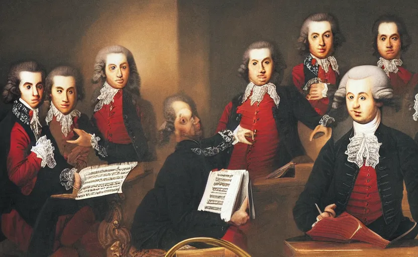 Prompt: ''Mozart, Bethoven, Bach and Vivaldi as members of a rock band, concert, realistic, HD, high quality''