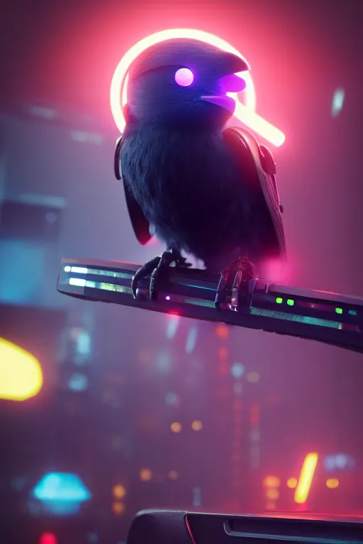 Image similar to high quality 3 d render very cute cyborg crow! sings into microphone!, cyberpunk highly detailed, unreal engine cinematic smooth, in the style of blade runner & detective pikachu, hannah yata charlie immer, moody light, low angle, uhd 8 k, sharp focus