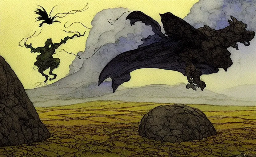 Image similar to a hyperrealist watercolour concept art of a flying rock. it is a misty night on the moors of ireland. by rebecca guay, michael kaluta, charles vess and jean moebius giraud