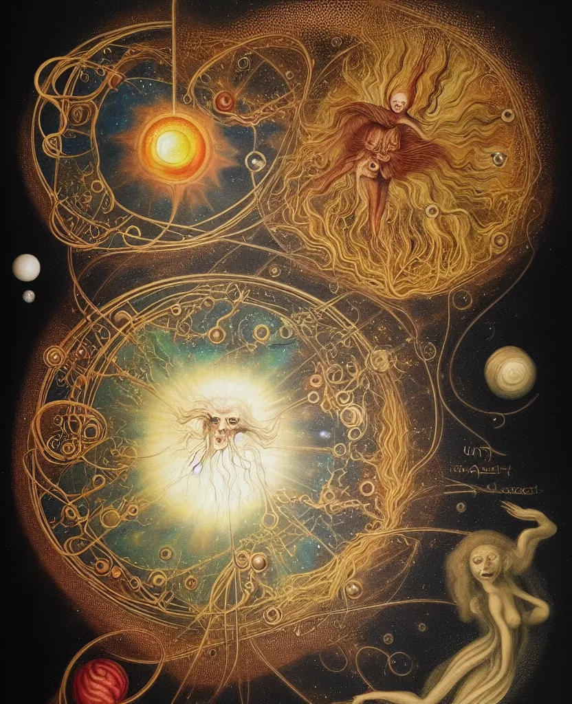 Image similar to whimsical uncanny creature alchemizes unique canto about'as above so below'being ignited by the spirit of haeckel and robert fludd, breakthrough is iminent, glory be to the magic within, to honor jupiter, painted by ronny khalil