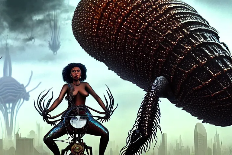 Image similar to realistic detailed closeup portrait movie shot of a beautiful black woman riding a giant spider, dystopian city landscape background by denis villeneuve, amano, yves tanguy, alphonse mucha, max ernst, ernst haeckel, edward robert hughes, roger dean, cyber necklace, rich moody colours, sci fi patterns, wide angle