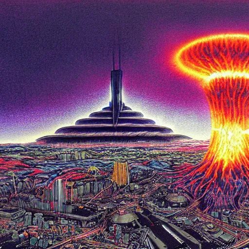 Prompt: nuclear explosion in a futuristic city by Kentaro Miura, psychedelic