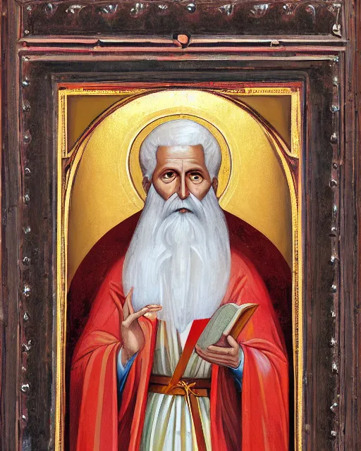 Image similar to portrait of full - length icon of saint nicholas by jaroslav cermak, showing him with a halo, dressed in clerical garb, and holding a book of the scriptures in his left hand while making the hand gesture for the sign of the cross with his right, by peter andrew jones, hd, hyper detailed, 4 k