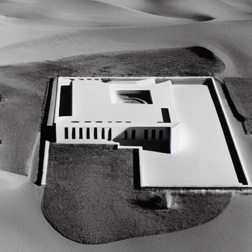Image similar to A house designed by Miles Van Der Rohe in the middle of the Sahara desert. Aerial View. Film Grain, colorized.