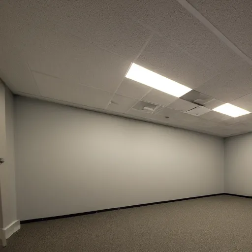 Image similar to backrooms office space, ominous lighting, moldy walls