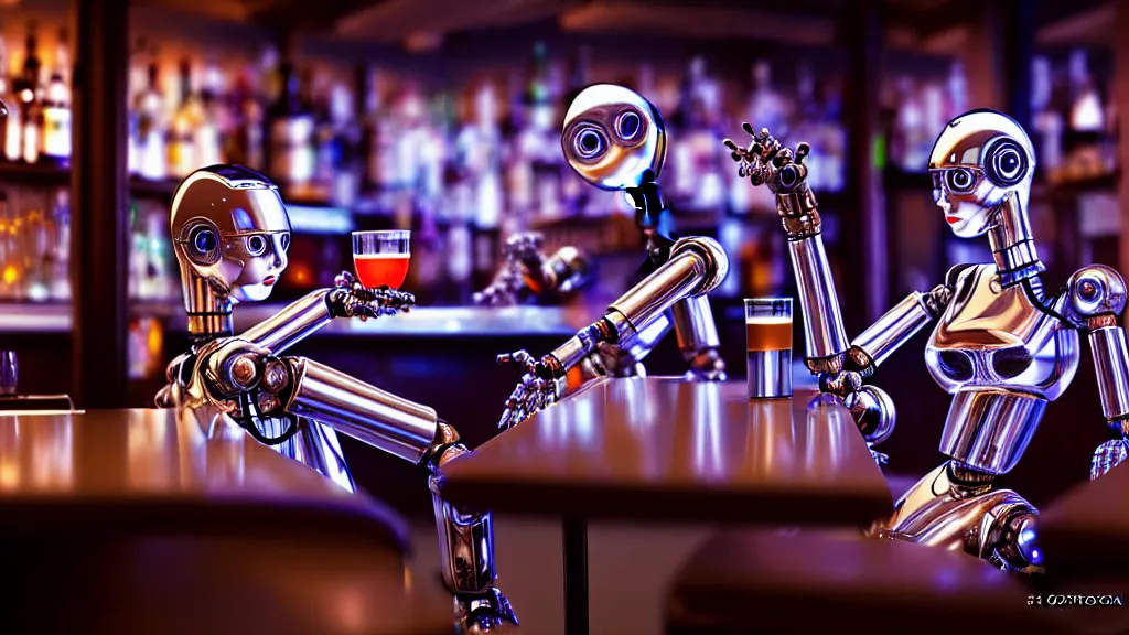 Image similar to robots drinking alcohol, inside a bar, chrome reflection, hyper-realistic, extreme detail, sharp photo, beautiful, cinematic 4K, by Sorayama