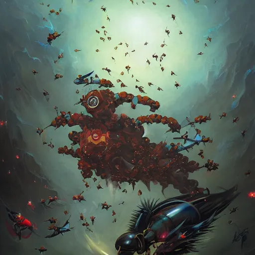 Prompt: Justin Sun attacked by crimson-black bee swarm by Peter Mohrbacher