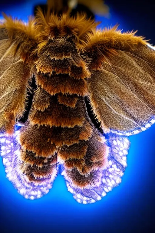 Prompt: high quality close-up photo sheer furry moth! jewelled gorgeous! highly detailed david ligare elson peter cinematic blue neon lighting high quality low angle hd 8k sharp shallow depth of field
