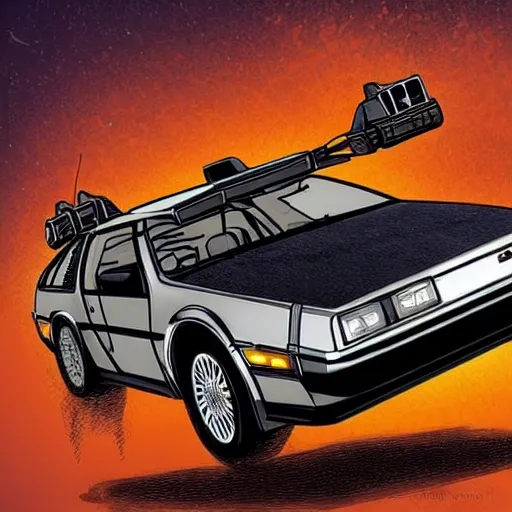 Image similar to a rusty delorean in the style of madd maxx with attached weapons