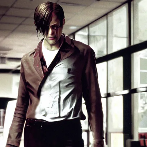 Prompt: Leon Kennedy from Resident Evil as The American Psycho, sweating intensely, cinematic still