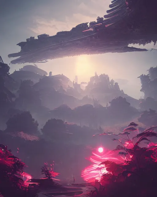 Prompt: beautiful landscape, nier automata, protoss temple!!!, machine planet, pink sun, advanced technology, cinematic lighting, highly detailed, masterpiece, art by bastien grivet and darwin cellis and jan urschel
