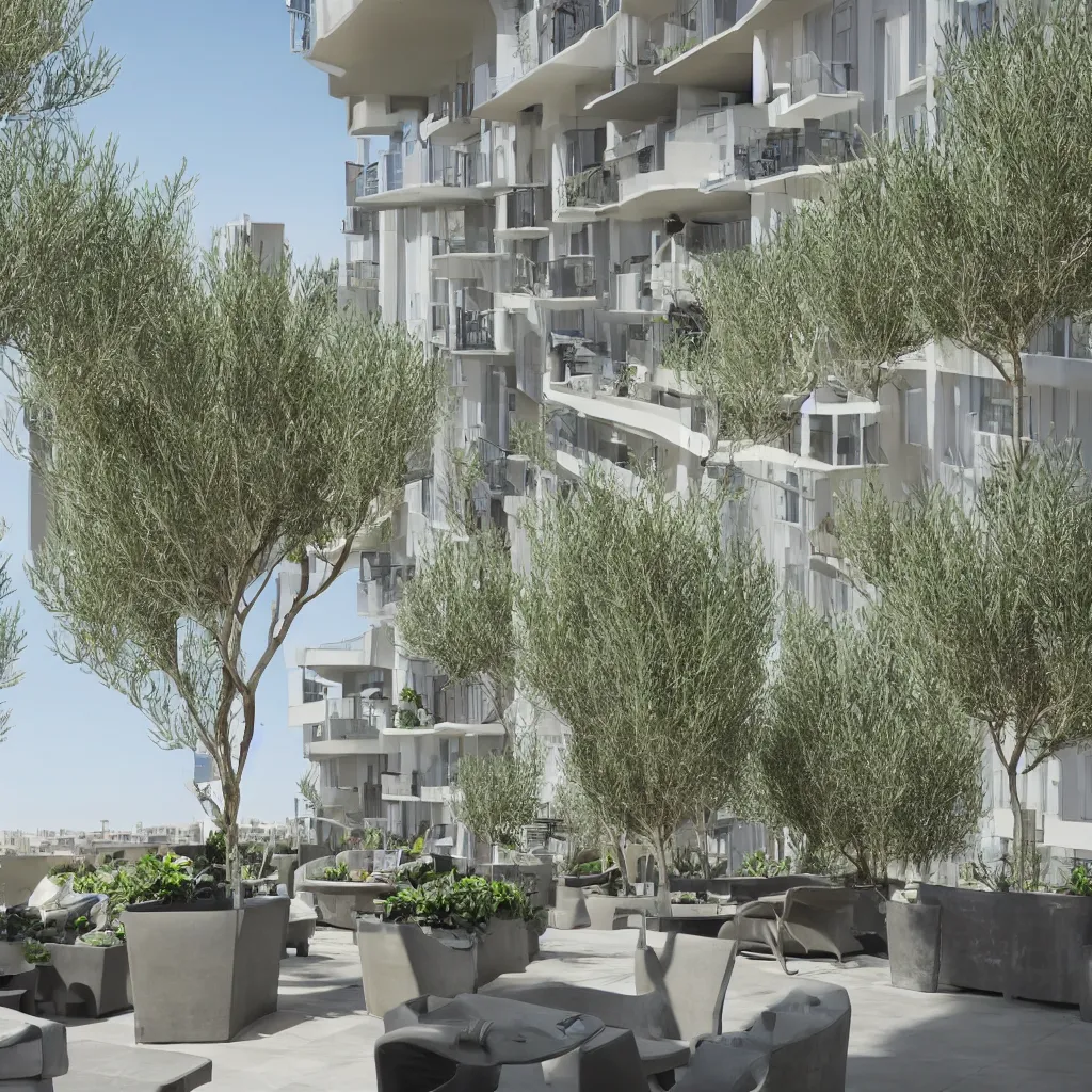 Image similar to 2 2 floor residential apartment, rooftop garden, olive trees