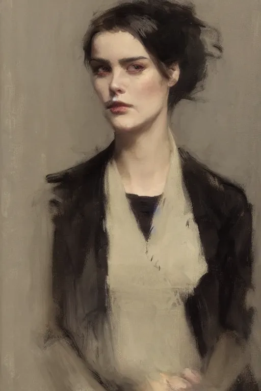 Image similar to Richard Schmid and Jeremy Lipking full length portrait painting of a young beautiful victorian goth detective woman with her hands in her pockets