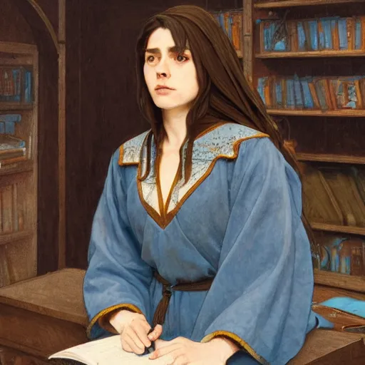 Prompt: a female wizard with brown hair wearing a blue hood and blue robe at a wooden desk with bookcases behind her, fantasy, highly detailed, digital painting, artstation, concept art, character art, art by greg rutkowski and tyler jacobson and alphonse mucha