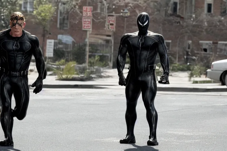 Image similar to film still of Thomas Haden Church as Eddie Brock wearing Venom costume without headpiece in Spider-man 3 2007, 4k
