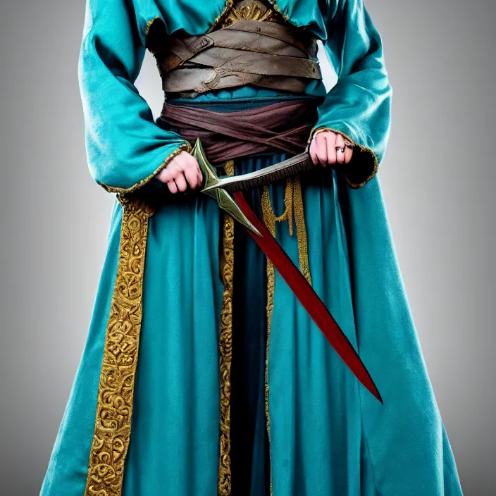 Prompt: photograph of a real-life beautiful rogue with ornate teal robes and daggers. Extremely detailed. 8k