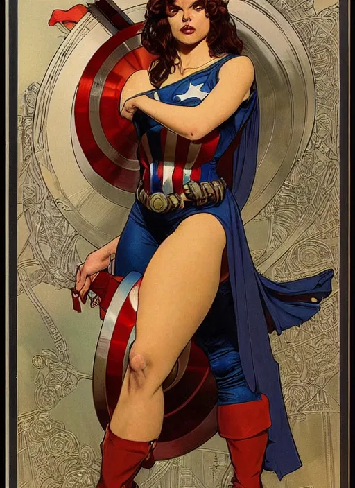 Image similar to slim young woman with a mischievous face and long aubrun wavy hair dressed as superhero in her early twenties, posing with arms tucked behind back, captain america, tight fit, curvaceous, intricate detailed face, amply proportioned, shiny, greg rutkowski, alphonse mucha