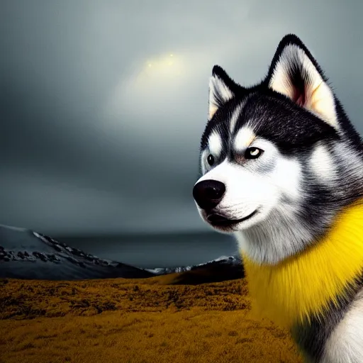 Prompt: a husky has yellow fur and a yellow tongue. the whole husky is visible in frame. intricate eyes. polar background, ominous sky, meteorite crashing through the clouds. octane render, extreme detail, super symmetrical photograph, 8 k