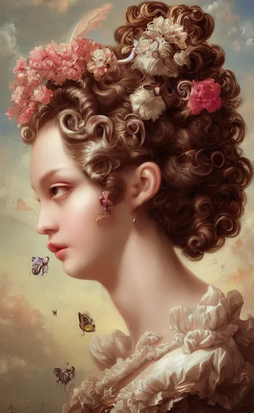 Image similar to pop surrealism, rococo, baroque hair, angelic young female seductive - fine - face, pretty face, key visual, realistic shaded perfect face, fine details by stanley artgerm lau, wlop, mark ryden, andrei riabovitchev, marc simonetti, and sakimichan, trending on artstation