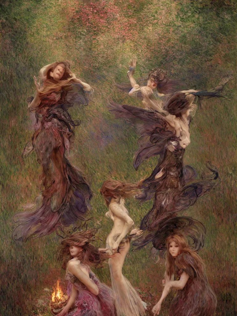 Image similar to illustration studio portrait of three dark beautiful seraphim female energy dancing in artistic poses in a coven at the forest, a big firepit emerges, monet painterly motives and textures pattern, hyper detailed, octane render, vivid colors, artstation, by jeremy mann, by alphonse mucha, by monet