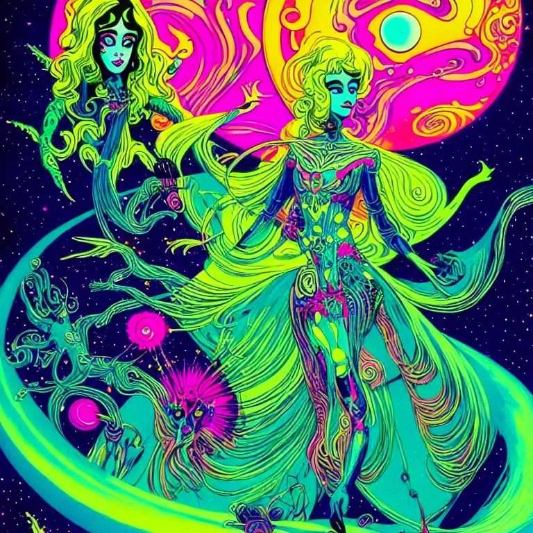 Image similar to cosmic maiden with psychedelic ringed planet, bright neon colors, highly detailed, cinematic, eyvind earle, tim white, philippe druillet, roger dean, lisa frank, aubrey beardsley