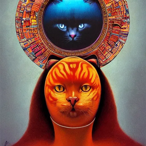 Image similar to a cat having an ego trip, by alex grey, by Esao Andrews and Karol Bak and Zdzislaw Beksinski and Zdzisław Beksiński, trending on ArtStation