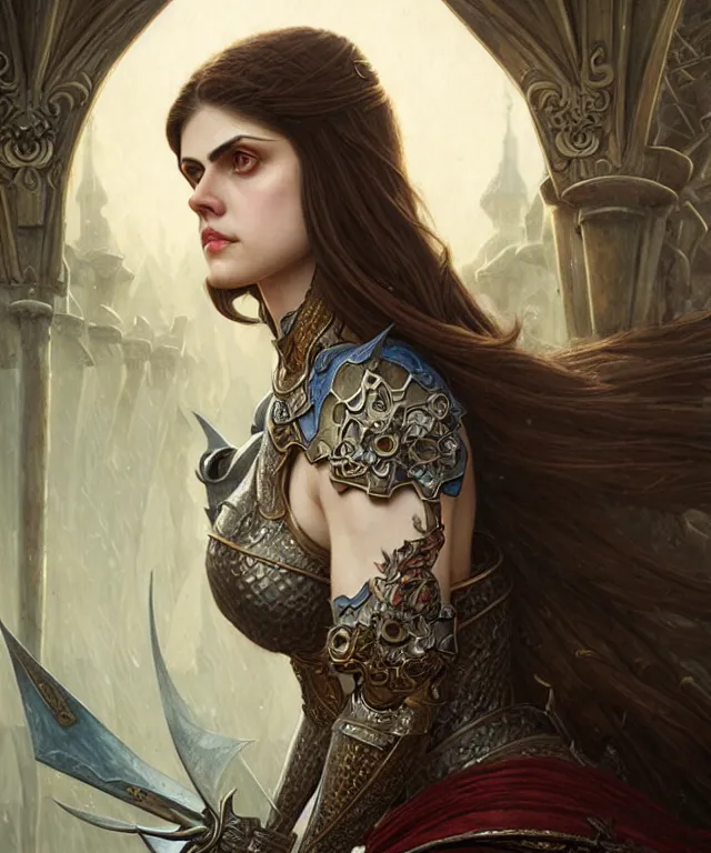 Prompt: Alexandra Daddario Muscular and powerful medieval knight portrait, art nouveau, fantasy, intricate flower designs, elegant, highly detailed, sharp focus, art by Artgerm and Greg Rutkowski