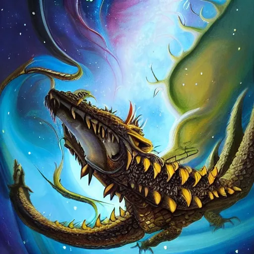 Prompt: A beautiful painting of a dragon in space by Justin Gerard. The dragon is in the foreground with its mouth open, revealing rows of sharp teeth. Its body is coiled and ready to strike, and its tail is wrapped around a star in the background. The colors are bright and the background is full of stars and galaxies. The overall effect is one of chaotic energy and movement. cow print, aardman animation by John Wayne Gacy CGI, tumultuous