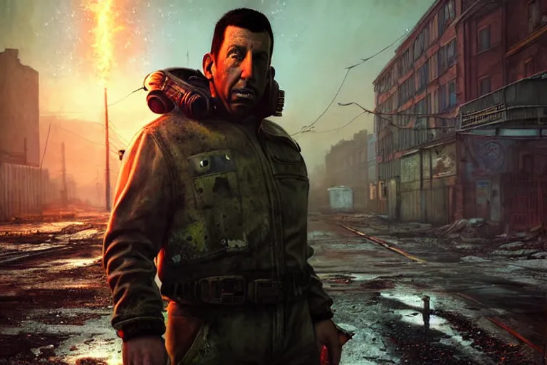 Prompt: fallout 5, adam sandler as protagonist, portrait, outdoors european cityscape, atmospheric lighting, painted, intricate, volumetric lighting, beautiful, daytime, winter, clear weather, mutated wildlife, sharp focus, deep colours, ultra detailed, art by william turner