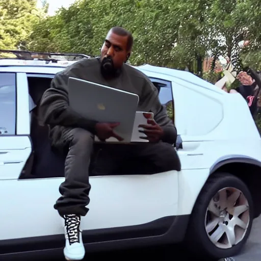 Prompt: kanye west yeeting his laptop out of the window in anger