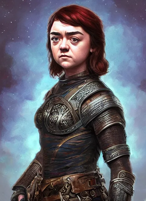 Image similar to Maisie Williams as a ruggedly muscled handsome heroine, rainbow background, intricate, elegant, highly detailed, centered, digital painting, artstation, concept art, smooth, sharp focus, illustration, artgerm, donato giancola, Joseph Christian Leyendecker, WLOP, Artgerm, thunder storm