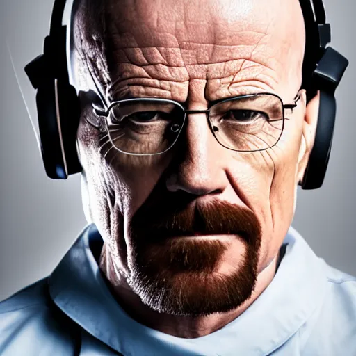 Image similar to professional head shot of walter white wearing a gaming headset and sitting in a gaming chair in a bedroom, 8 k, dslr, very detailed, very intricate,