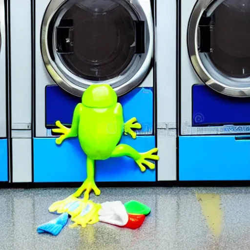 Image similar to plastic toy frog cleaning up the laundromat, pastel colors