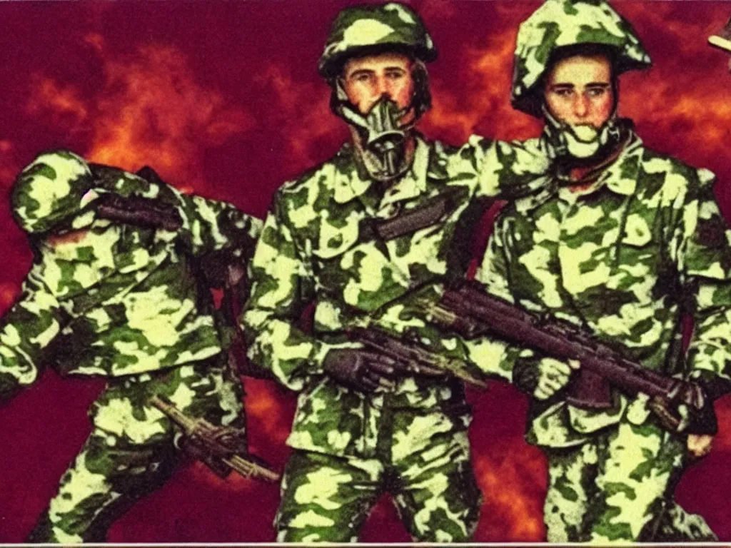 Image similar to vintage 90s VHS video still of a double-headed soldier, deformed body, promoting war, retro TV, noise