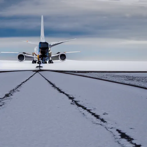 Prompt: plane on antarctic runway approach