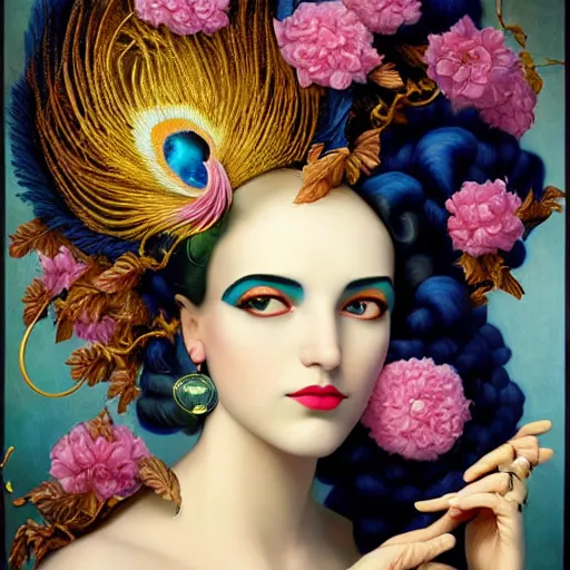 Prompt: dynamic composition, a painting of a blue skinned woman with hair of flowers and peacock plummage wearing ornate earrings, a surrealist painting by tom bagshaw and jacek yerga and tamara de lempicka and jesse king, featured on cgsociety, pop surrealism, surrealist, dramatic lighting, wiccan, pre - raphaelite, ornate gilded details