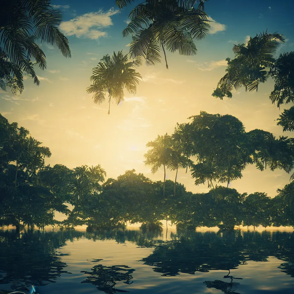 Image similar to island on a beautiful serene lake, ripples, tropical foliage intricate details, reflections, ripples, album cover, glowing sky, hyperdetailed illustration, octane render, low light