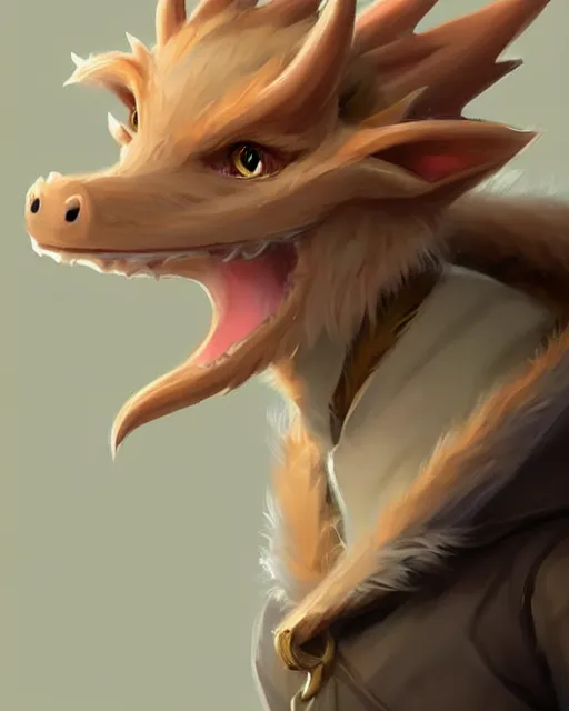 Image similar to character concept art of a cute young male anthropomorphic beige furry dragon | | cute - fine - face, pretty face, key visual, realistic shaded perfect face, fine details by stanley artgerm lau, wlop, rossdraws, james jean, andrei riabovitchev, marc simonetti, and sakimichan, trending on artstation